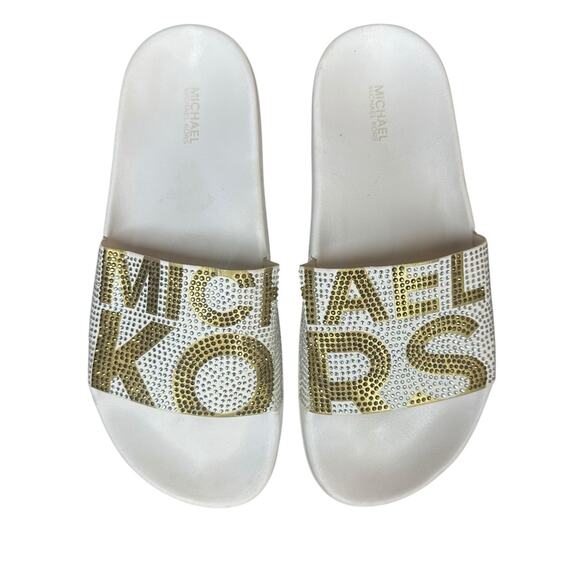 MICHAEL KORS Womens White And Gold Rhinestone Gilmore Slip On Sandals Slides 8M - Picture 1 of 10
